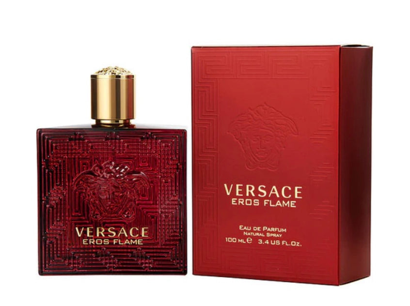 Versace Eros Flame perfume bottle and packaging on a white background